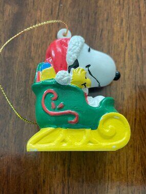 Vintage Snoopy and Woodstock Santa Sleigh Christmas Ornament Peanuts PVC 2.5"